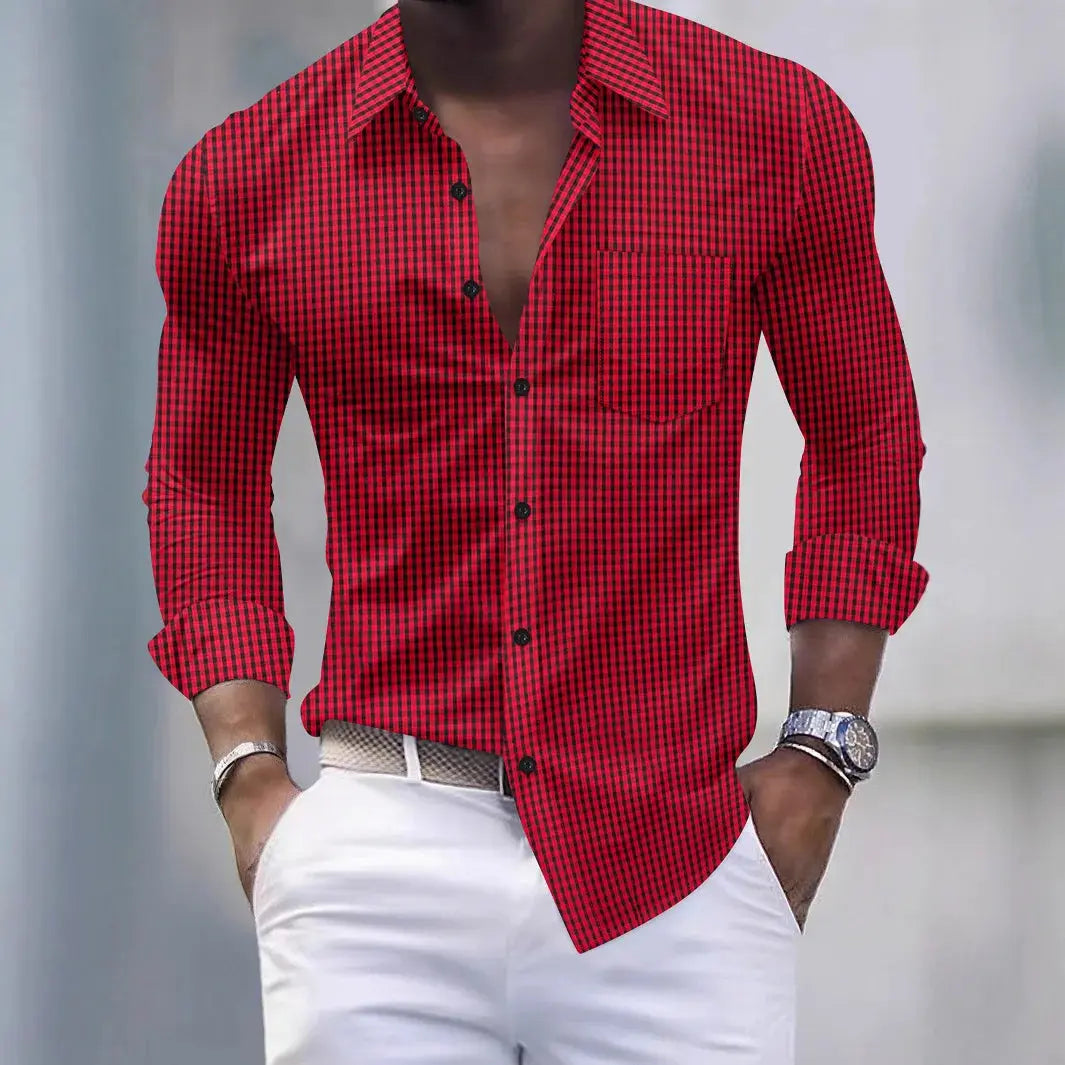 Close-up of the checkered pattern on the confidence shirt, showcasing its classic yet modern design.