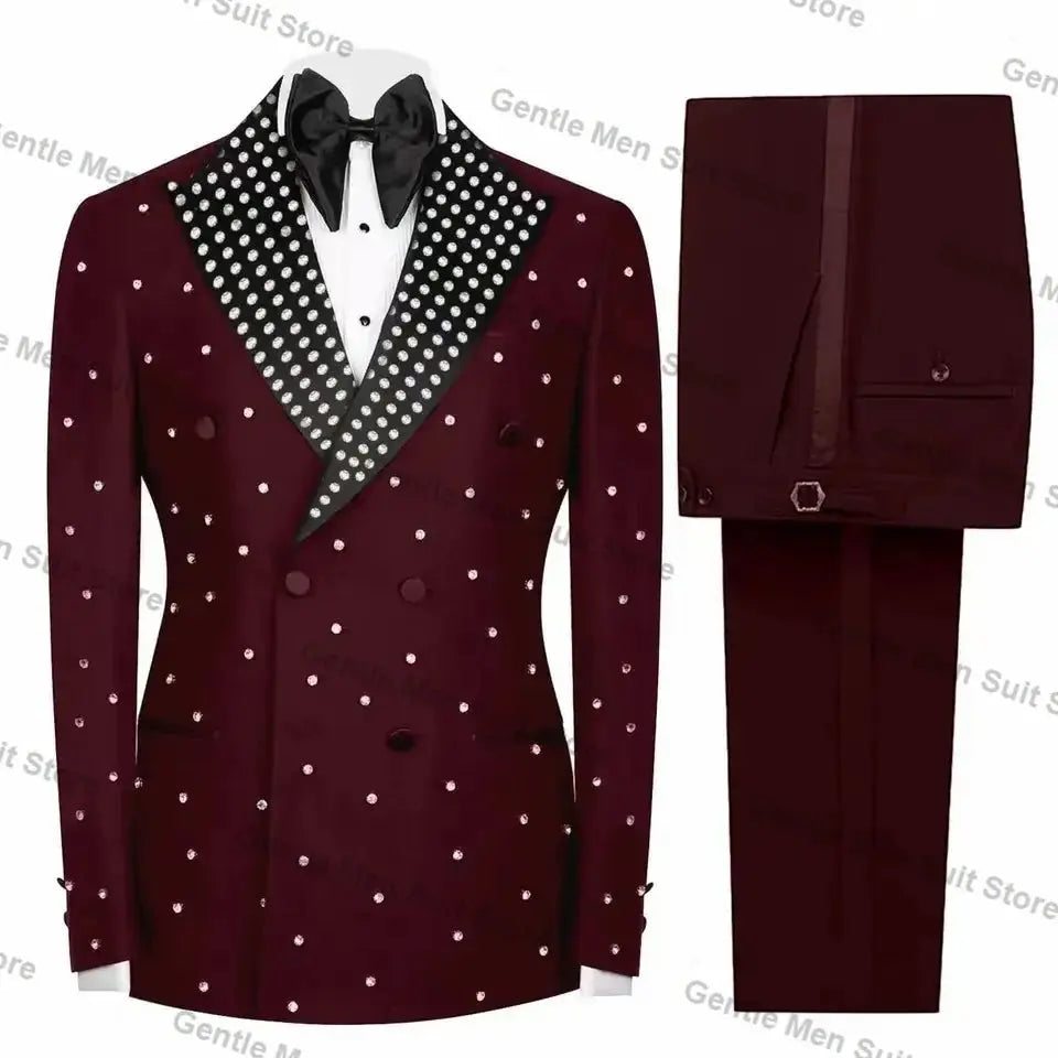 Burgundy suit with crystal detailing, tailored for a sophisticated look at events.