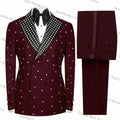 Burgundy suit with crystal detailing, tailored for a sophisticated look at events.