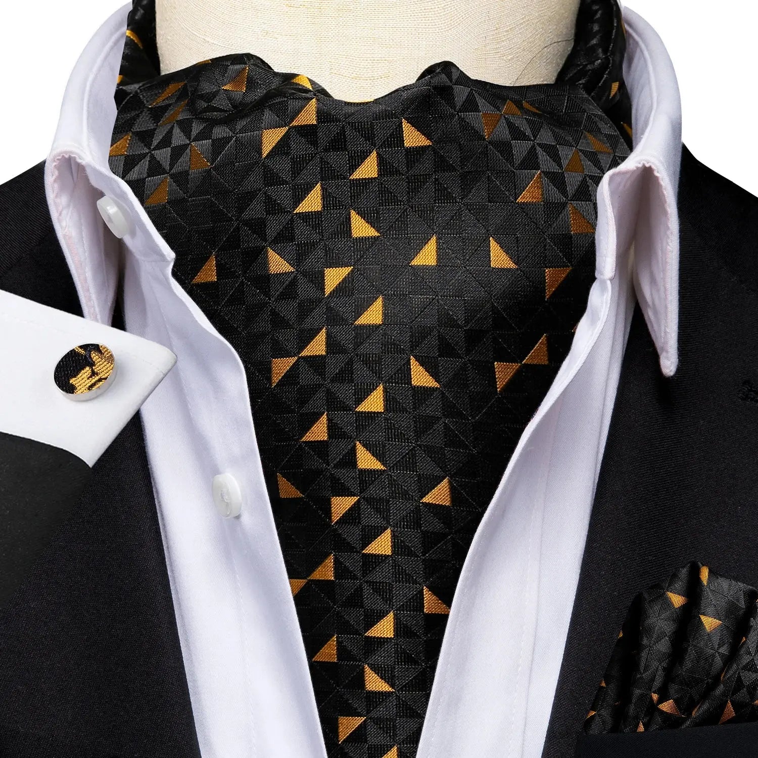 Complete ascot set featuring matching cufflinks and pocket square.