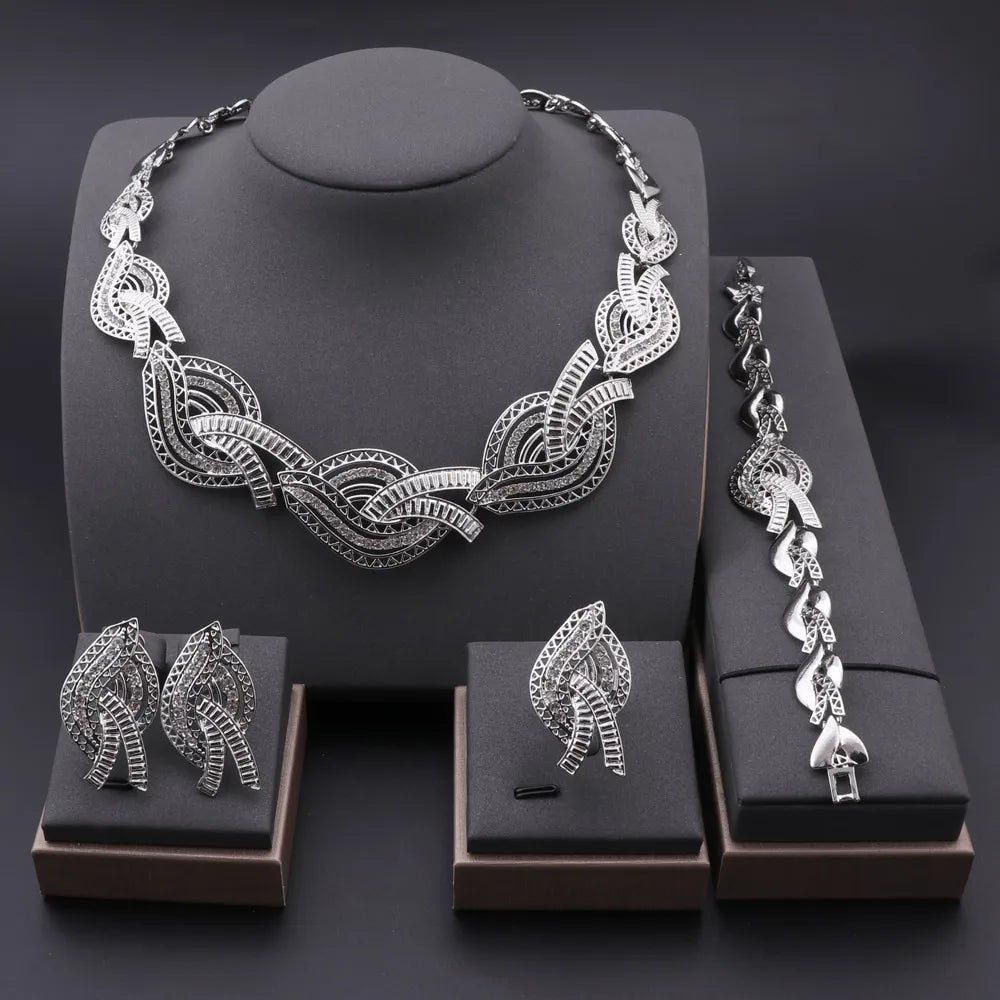 Lightweight multicolor crystal wedding jewelry set with necklace, bracelet, earrings and statement ring
