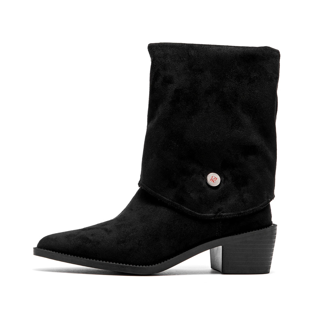 Black waterproof slouch boots with flat heel and mid-calf height for all-day comfort