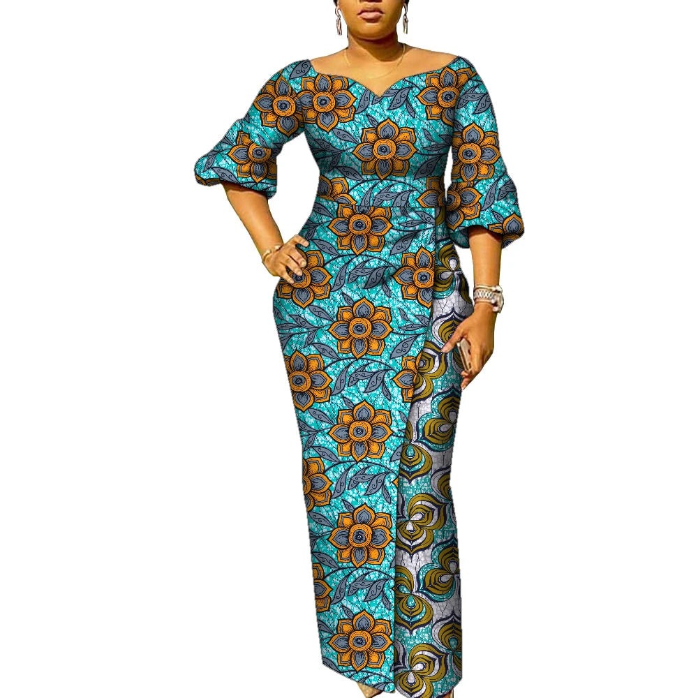 African Dresses for Women Patchwork Ankara Dress Lantern Sleeves Maxi Dress Women Party Dress Lady African Clothes WY9937