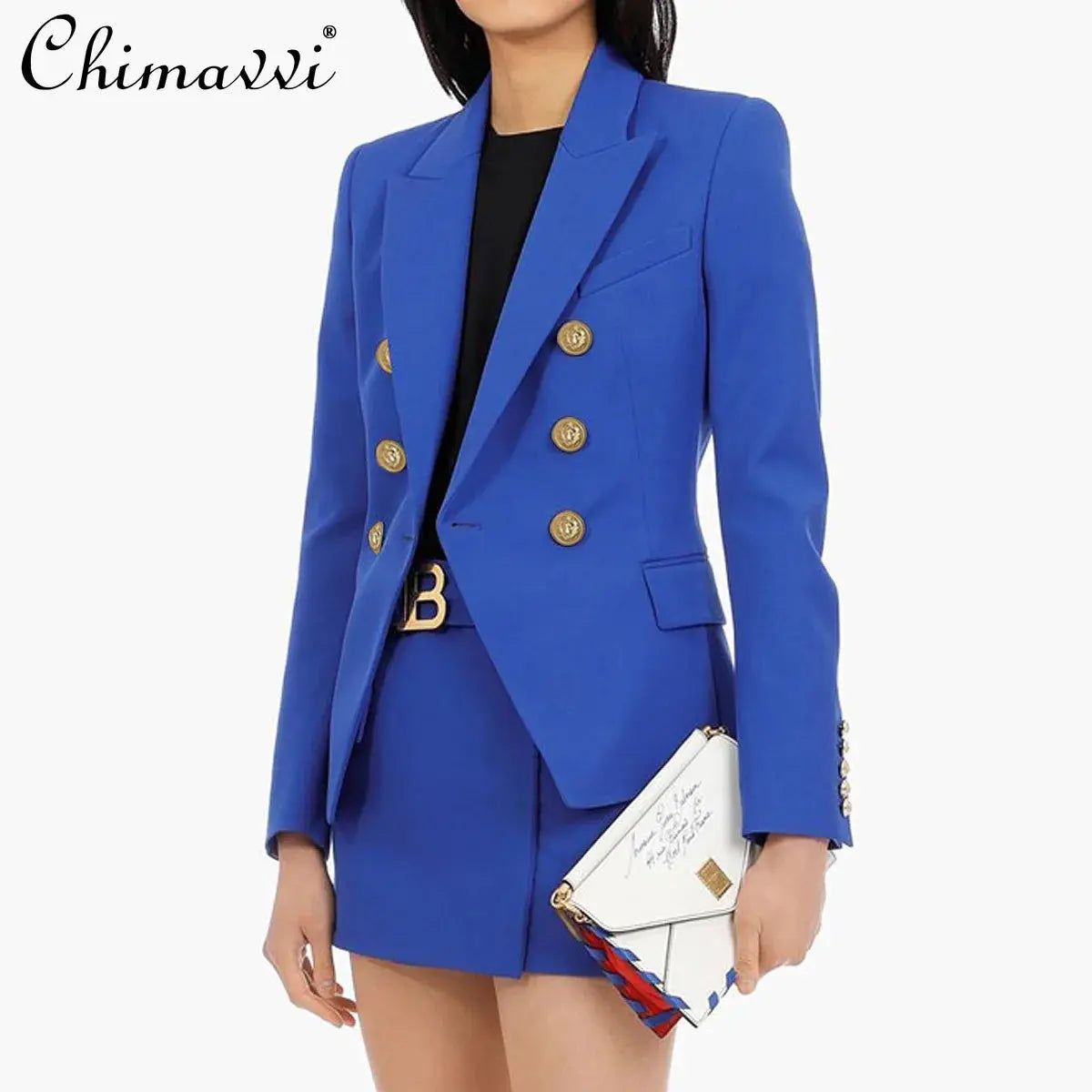 Tailored chic suit set in navy with double-breasted jacket and A-line skirt.
