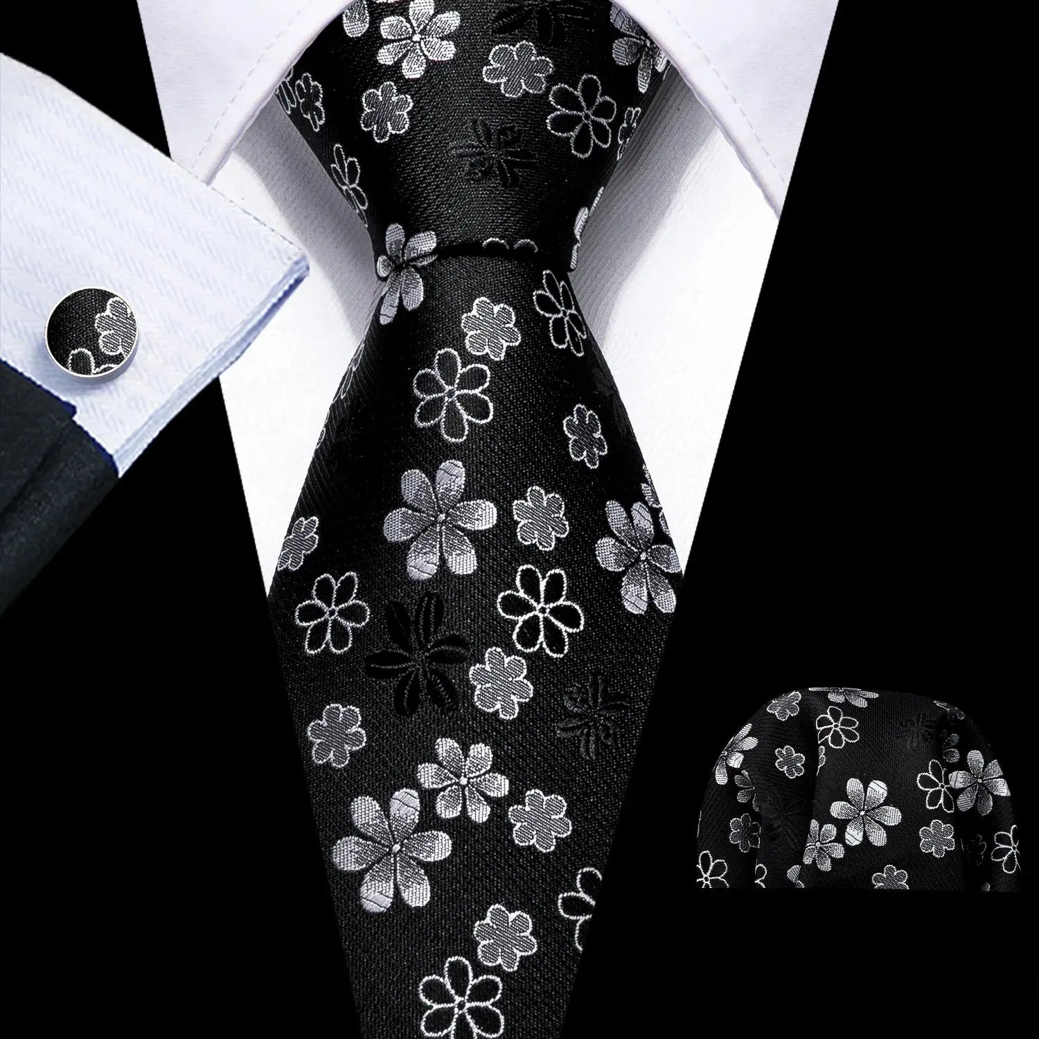 Classic black silk tie set with handkerchief for men