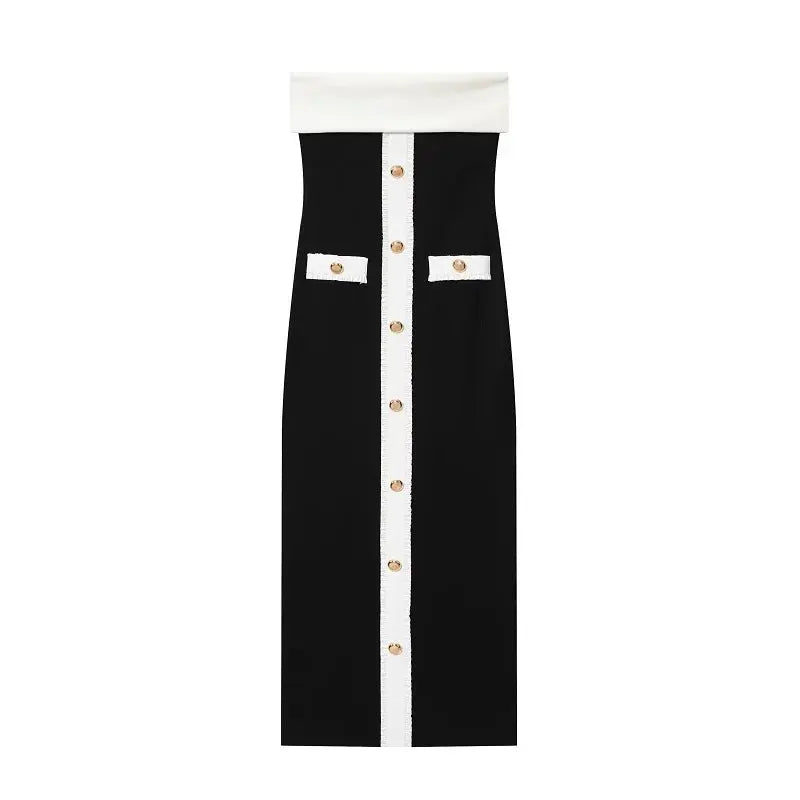 Flat lay of the Midnight Allure Backless Midi Dress, showcasing its luxurious fabric and classy design details.