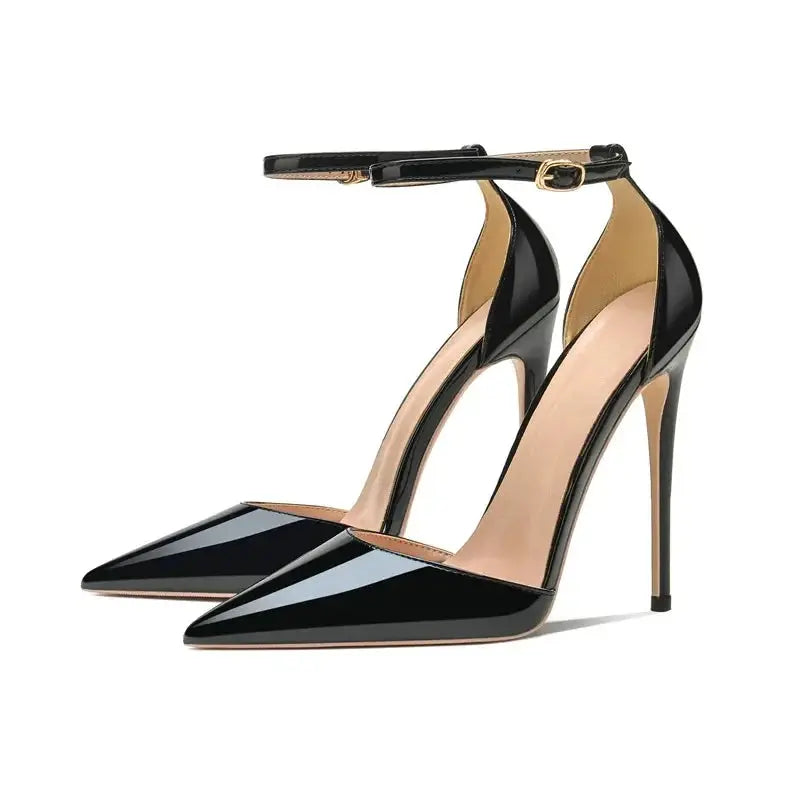 Elegant black stiletto pumps showcasing slender silhouette.