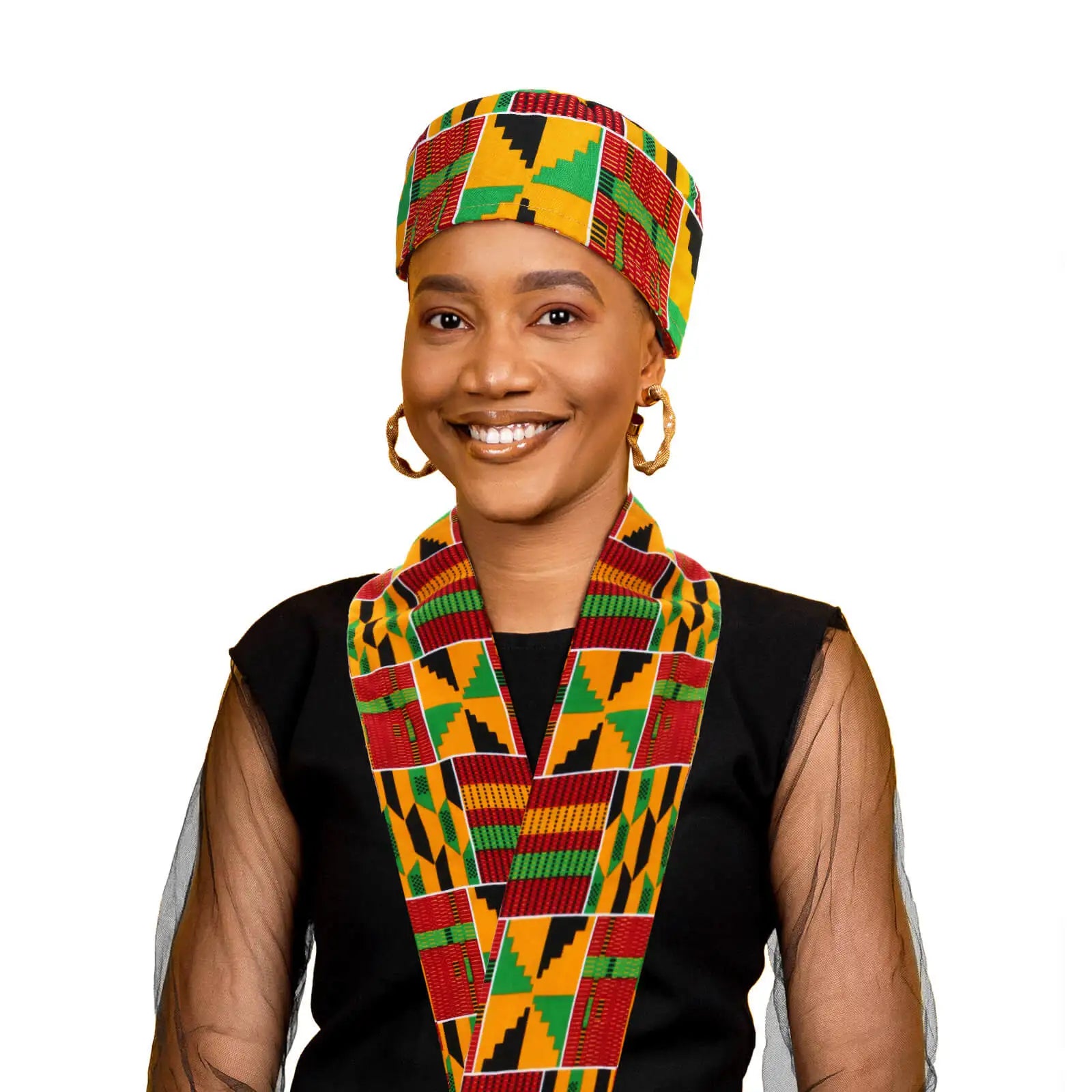 African Kente Pattern Kufi Hat & Stole Sash Shawl