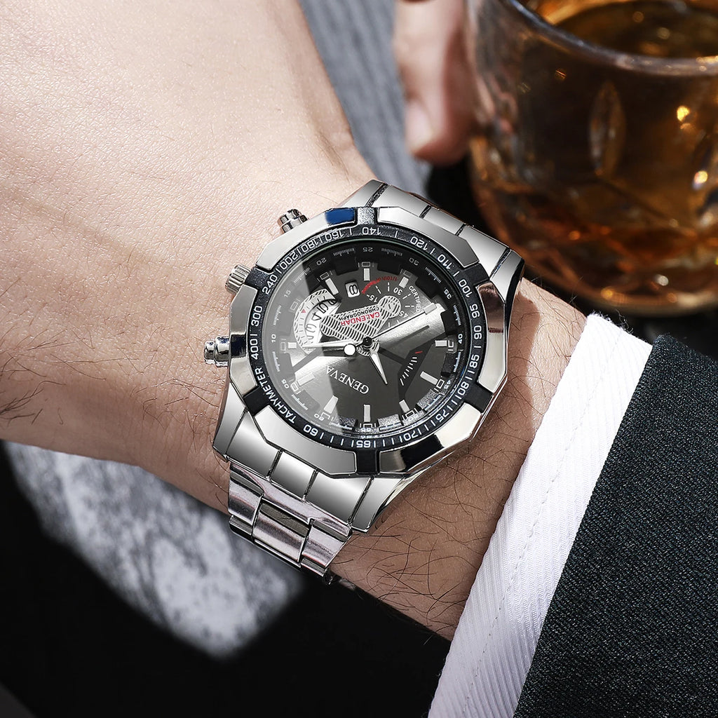 Sleek stainless steel watch with a large minimalist dial and quartz movement.