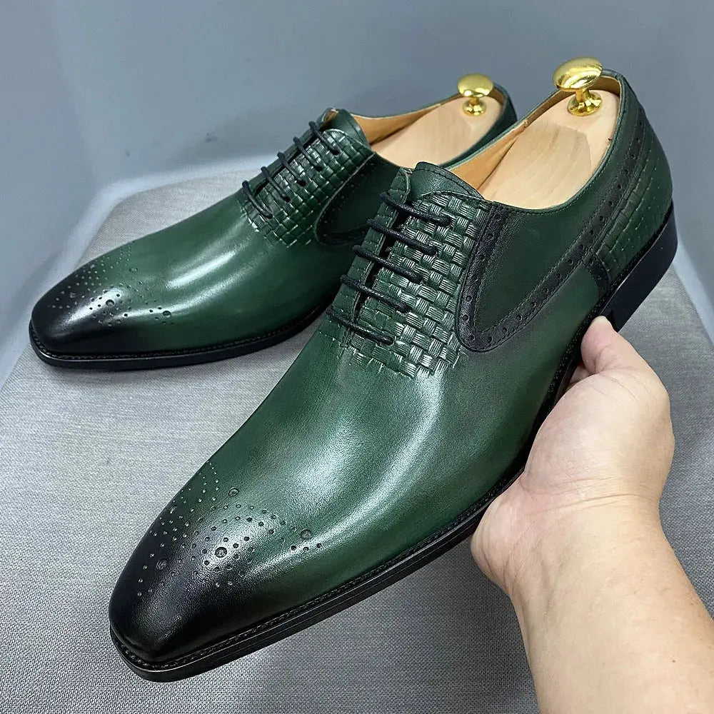 Close-up of the vibrant green cow leather on Daniel Wafer Oxfords.
