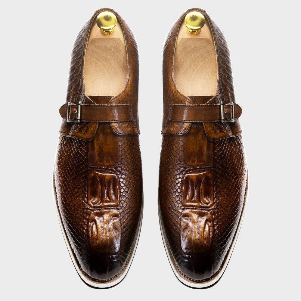 Black crocodile leather monk strap shoes with adjustable buckle closure and breathable comfort technology