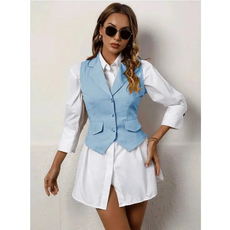 Detail shot of the single-breasted closure on the women's business attire vest.