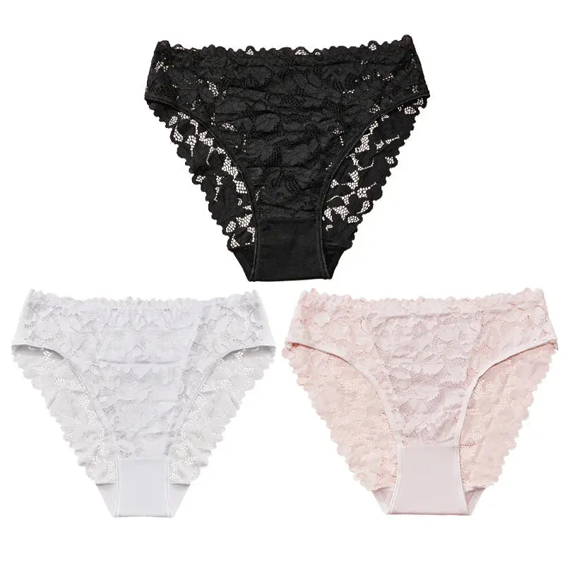 Side view of high-waist lace briefs, emphasizing breathable lace and contouring design.