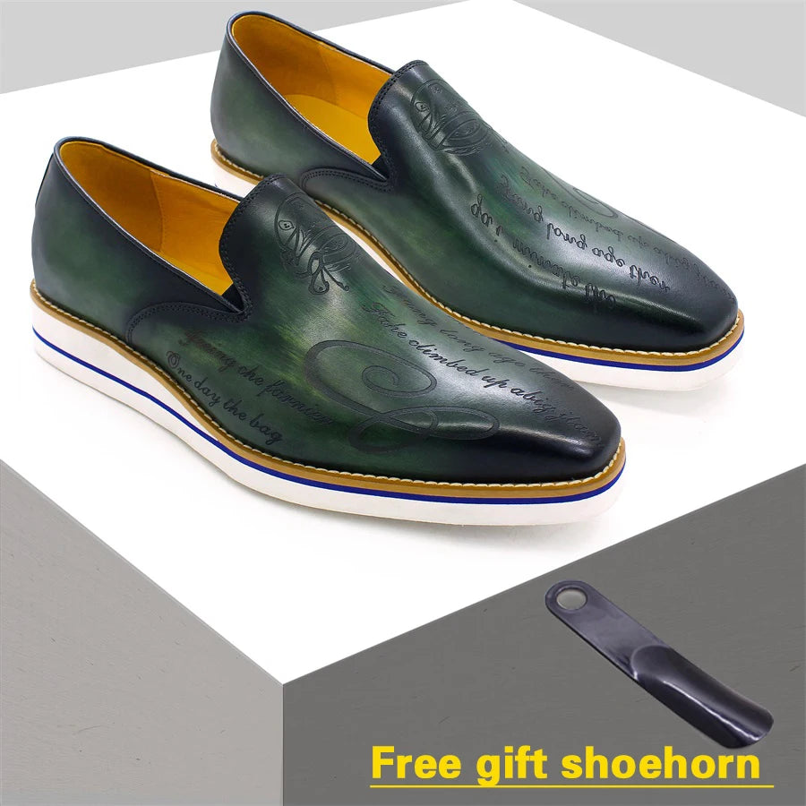 Handmade black leather loafers with intricate laser-etched pattern detail on premium genuine leather