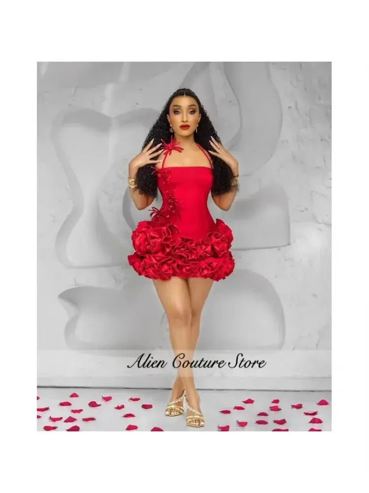 Back view of red satin dress showcasing structured fit and floral design.