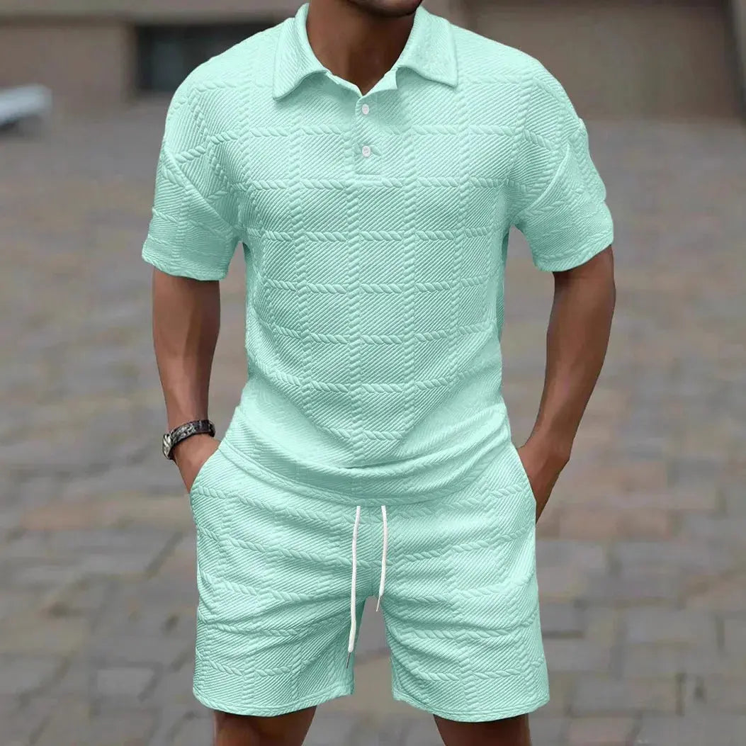 Lightweight polyester summer suit in neutral color with single-button closure.