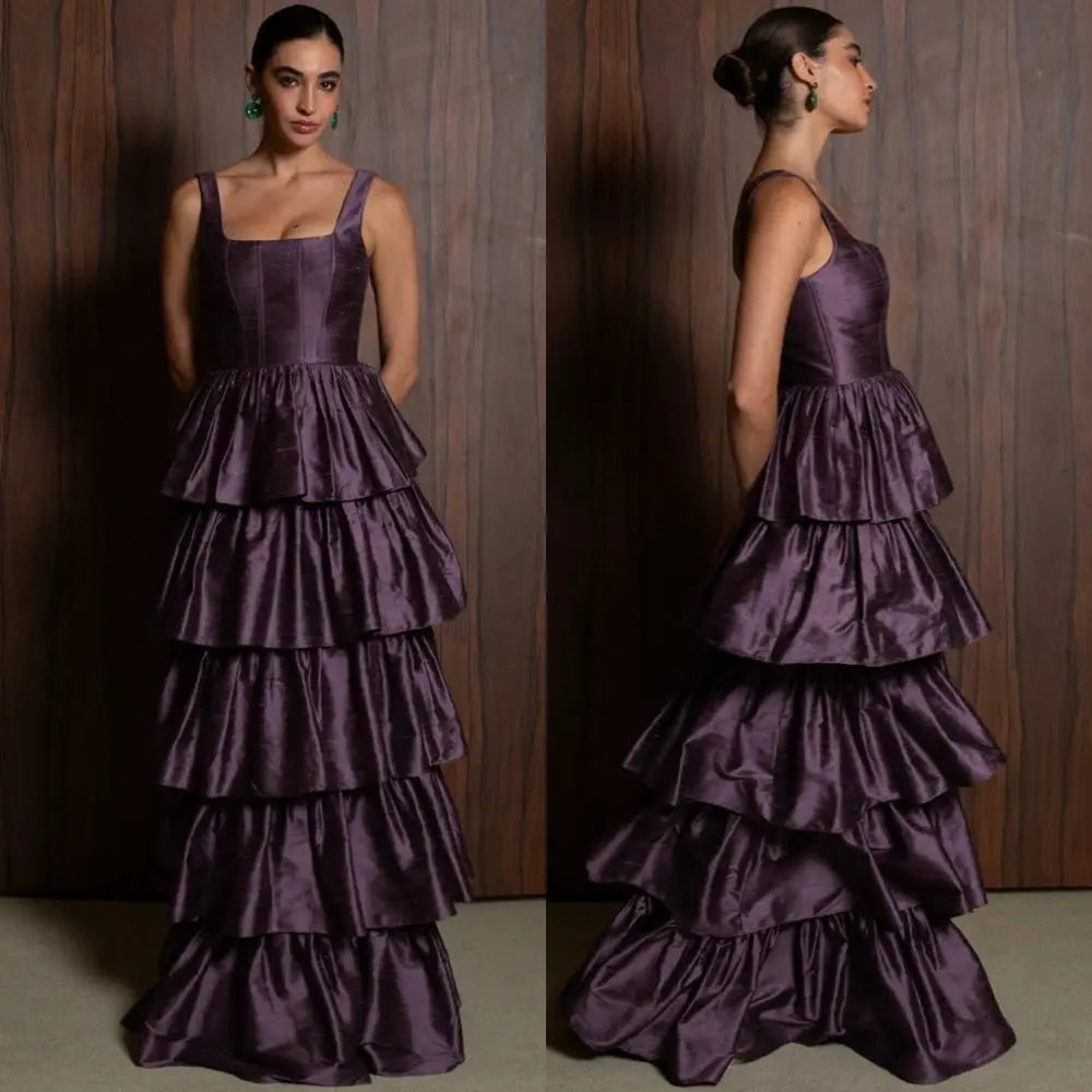 Close-up of the square neckline on the Satin Elegance Evening Dress, showcasing its luxurious fabric.