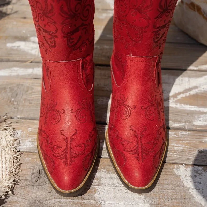 Mid-calf boots with artisan embroidery and easy slip-on design
