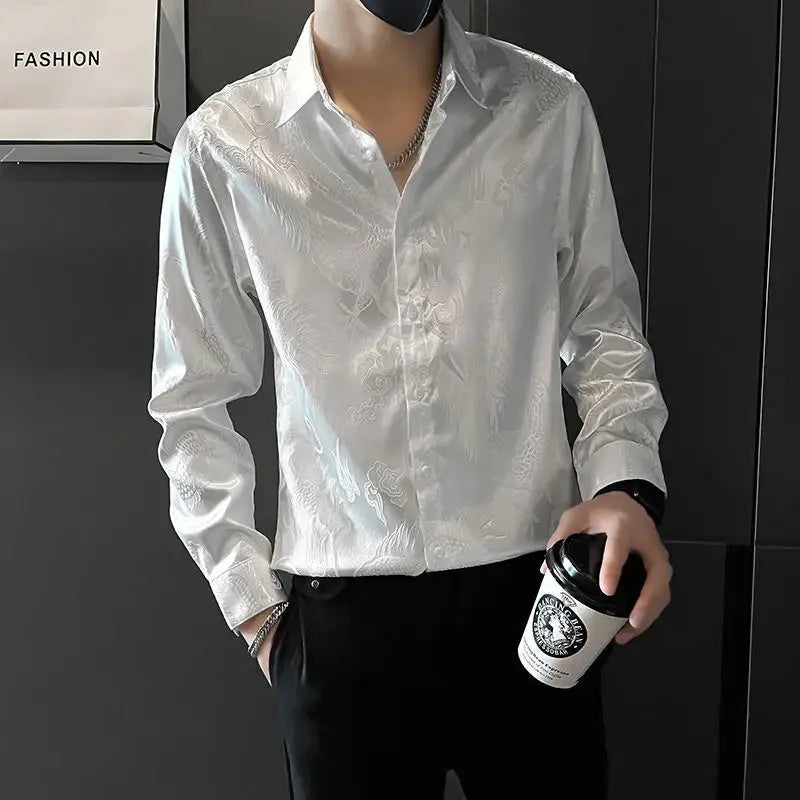 Back view of the silk shirt, emphasizing the unique 'Lucky Cloud' pattern and durable material.