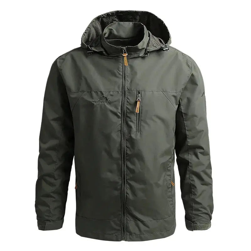 Front view of the tactical jacket in olive green, showcasing its rugged yet stylish appearance.