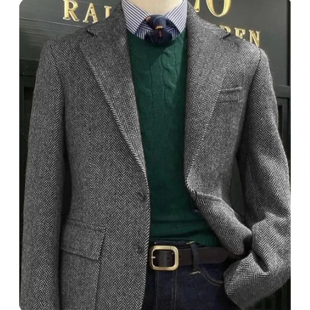 Herringbone blazer worn in a boardroom setting, exuding confidence and authority.