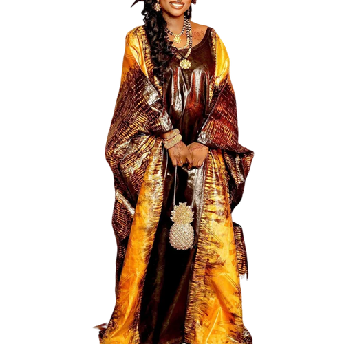 African Festival Printed Cotton Wedding Gown with vibrant traditional patterns and flowing silhouette on white background