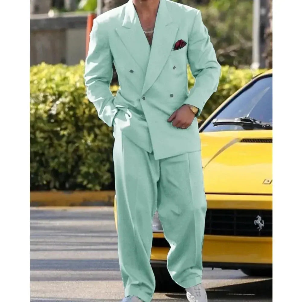 Elegant suit in light blue, designed for summer soirées.