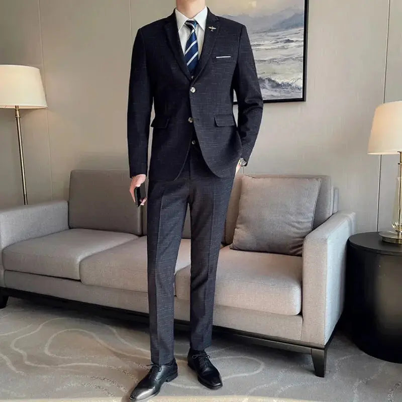 Full view of the sleek men's suit, showcasing its structured silhouette and comfort fit.