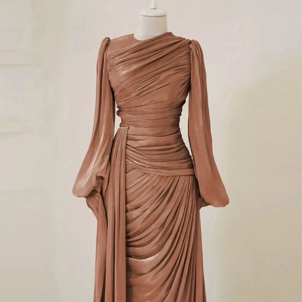 Close-up of the O-neck design on the luxurious satin Ethereal Silk Kaftan.