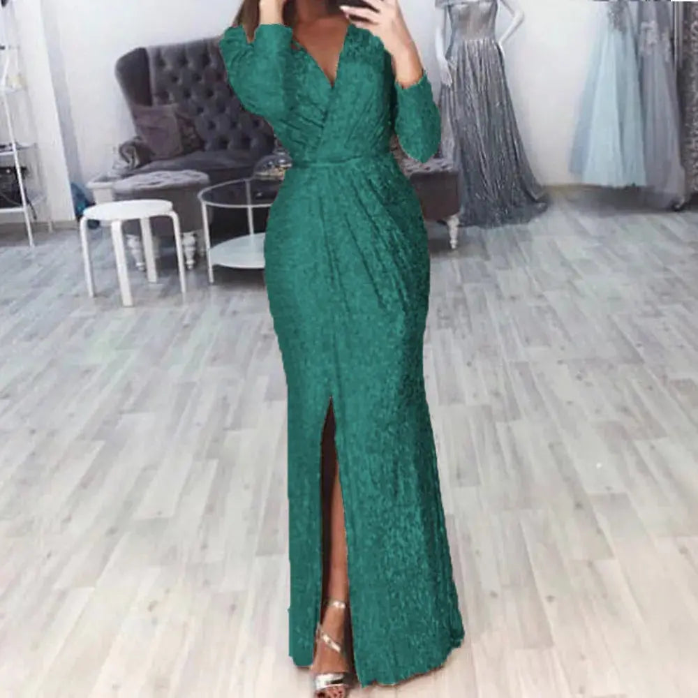 Model posing in the Midnight Sparkle Gown, capturing the essence of autumn evening wear.