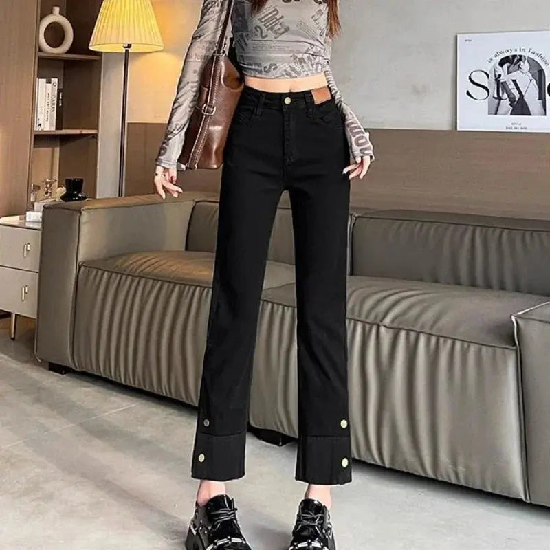 Back view of Sunlit Mornings Denim, emphasizing the high waist and flattering silhouette.