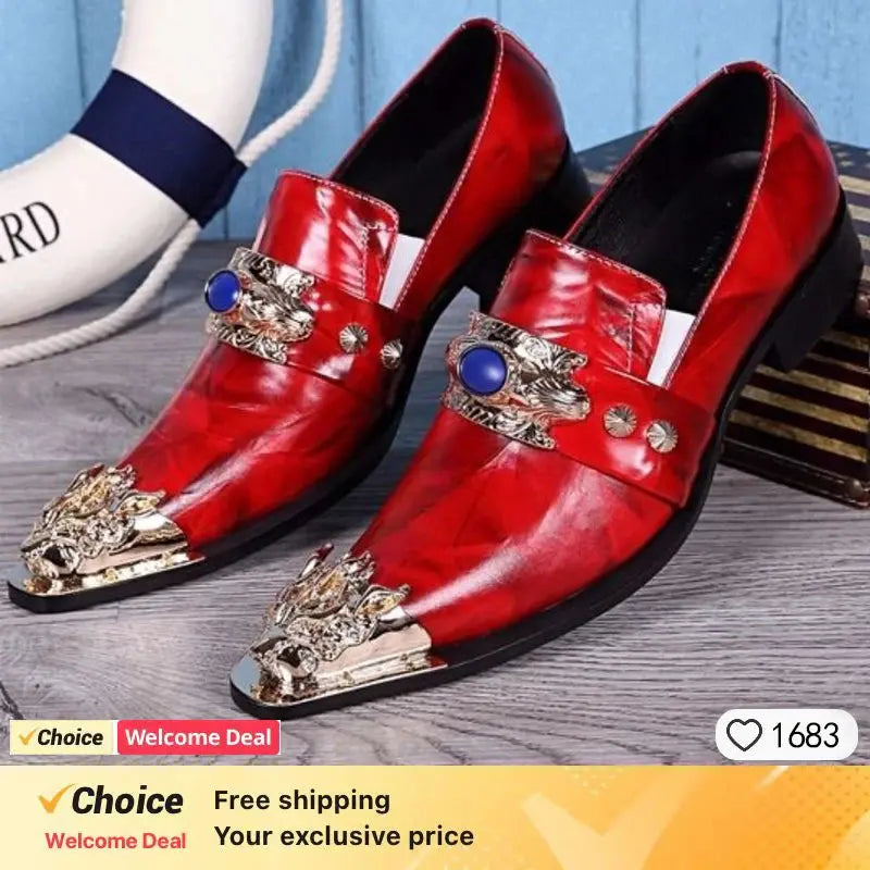 Luxury dress shoes with crystal embellishments and metal decoration on pointed toe design