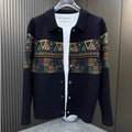 Urban Poise cardigan in a geometric pattern, crafted from cotton and polyester blend.