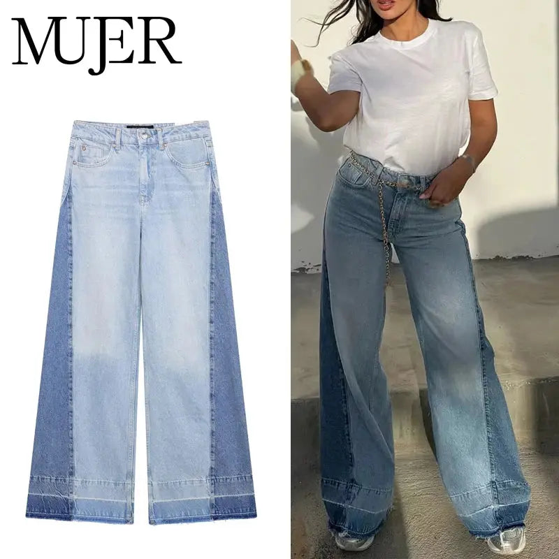 Wide-leg denim jeans in light blue, featuring a high-waisted design for a flattering silhouette.