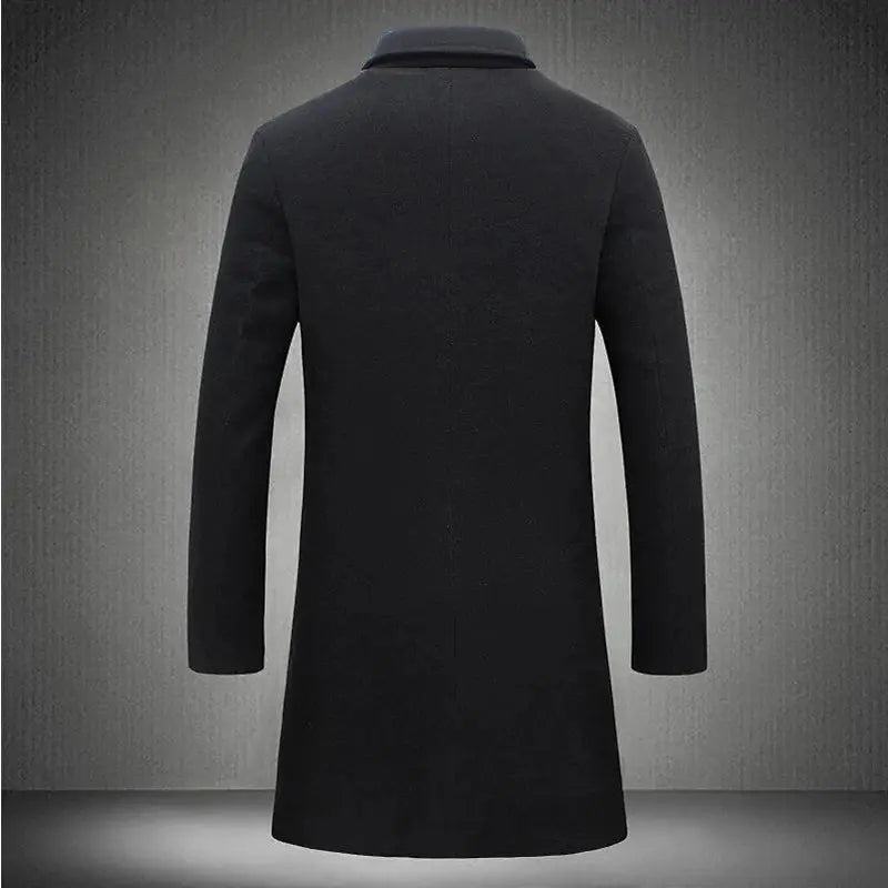 Close-up of the finely woven fabric of the men's trench coat, showcasing its elegant texture.
