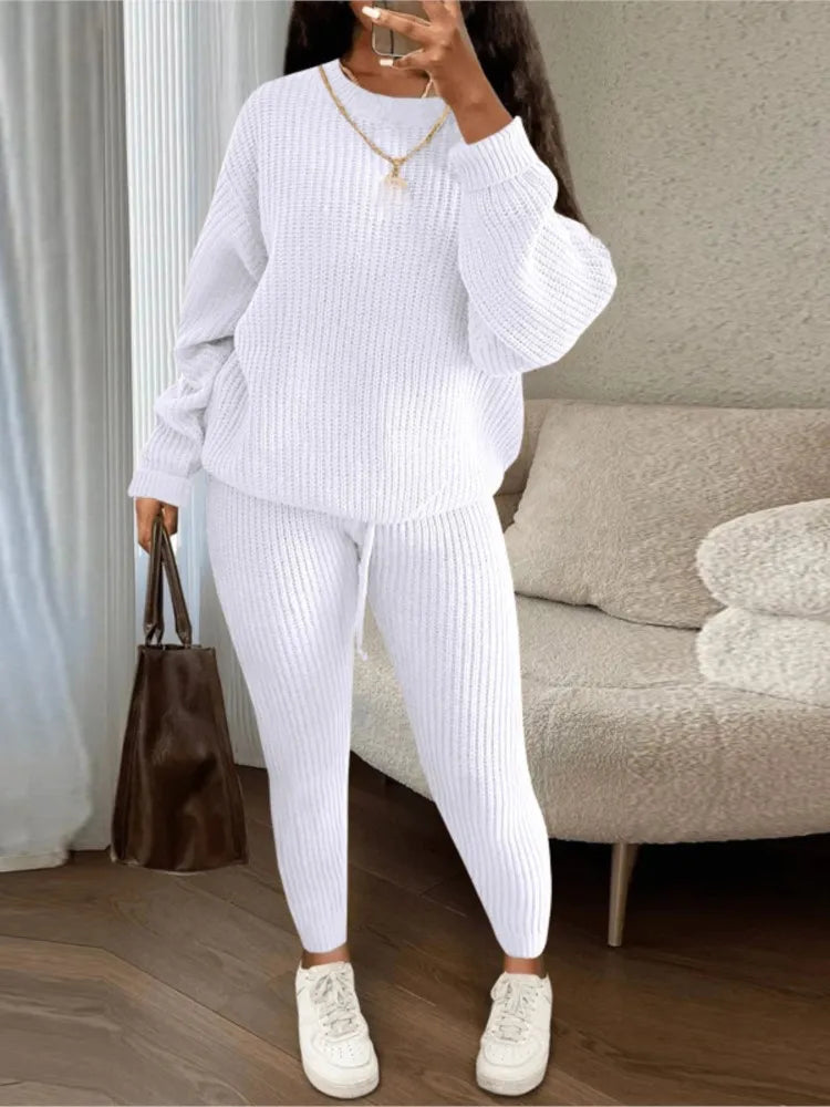 Model wearing the Cozy Elegance Knit Set, exuding effortless chic in a casual setting.