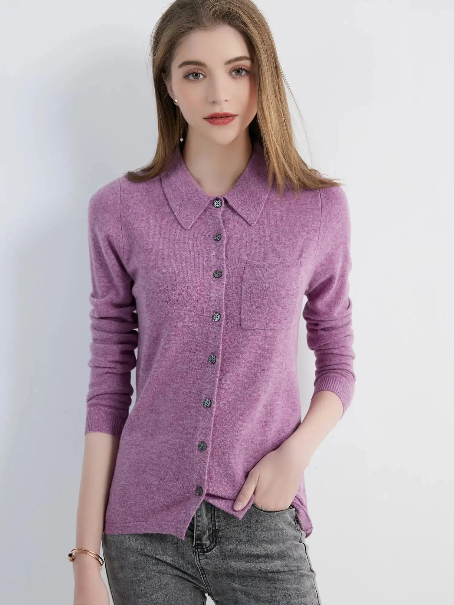 Side view of the cardigan, illustrating its chic silhouette and comfortable fit.