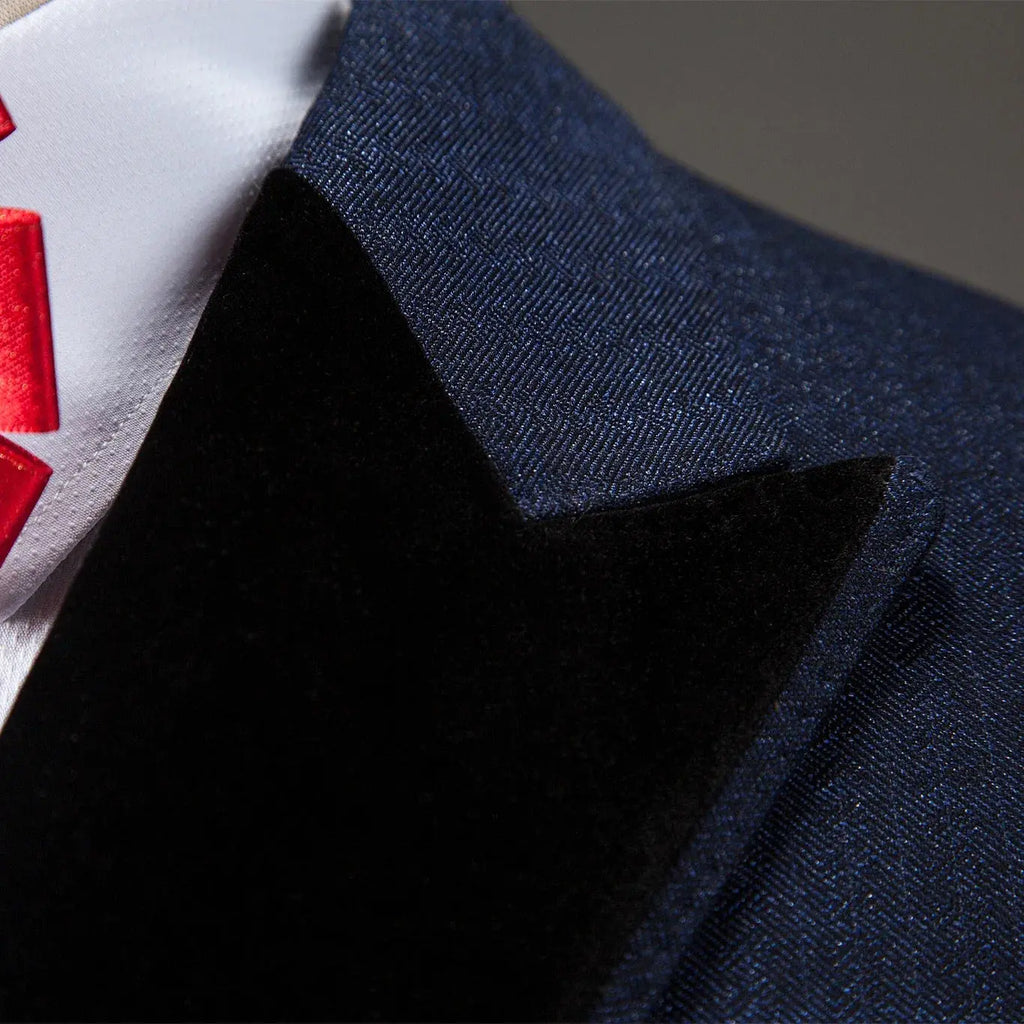 Navy nightsuit displayed on a hanger, highlighting its luxurious wool-like TR fabric.