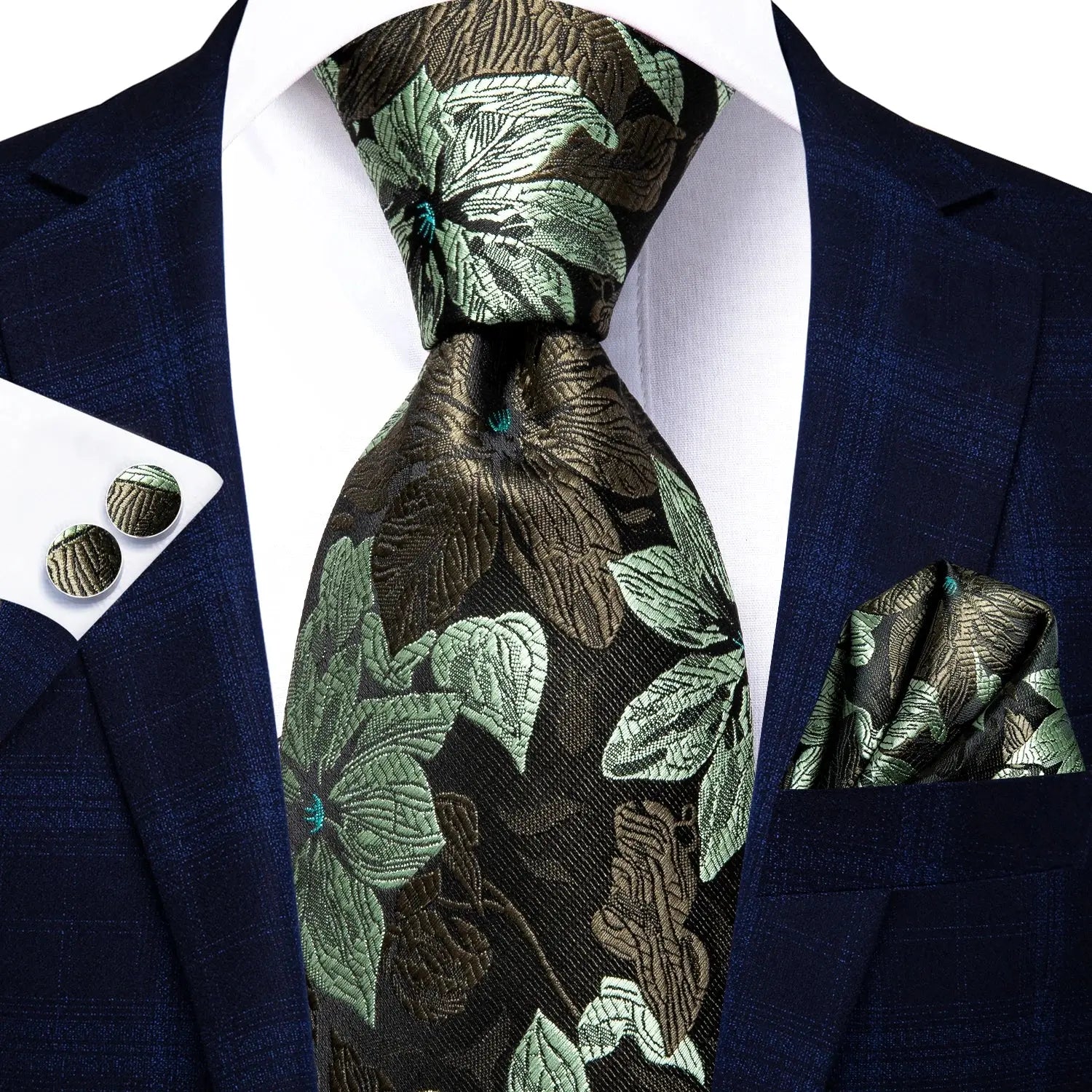 Red and green paisley tie set with luxurious silk texture.