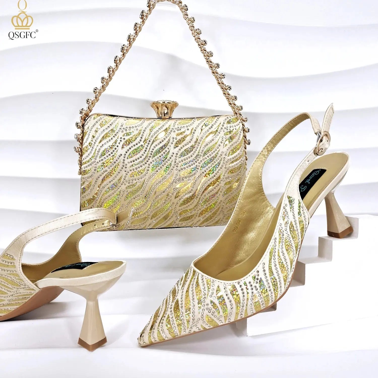 Golden Gala Nights heels with pointed toe design and shimmering gold finish.