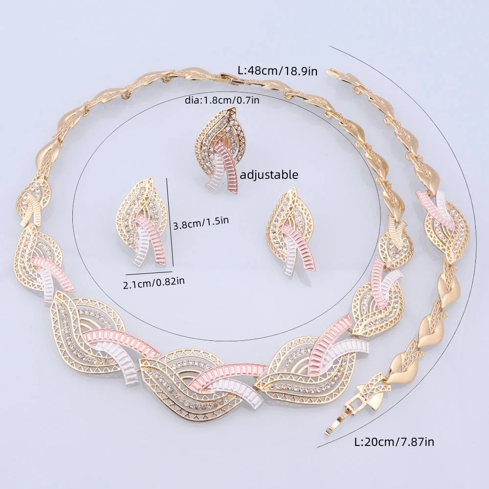 Elegant four-piece crystal jewelry collection with botanical pattern for brides and special occasions