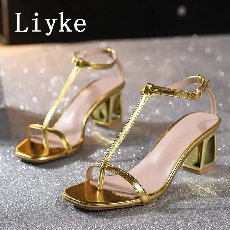 Fashion-forward gold sandals perfect for formal events and parties with a chic design.