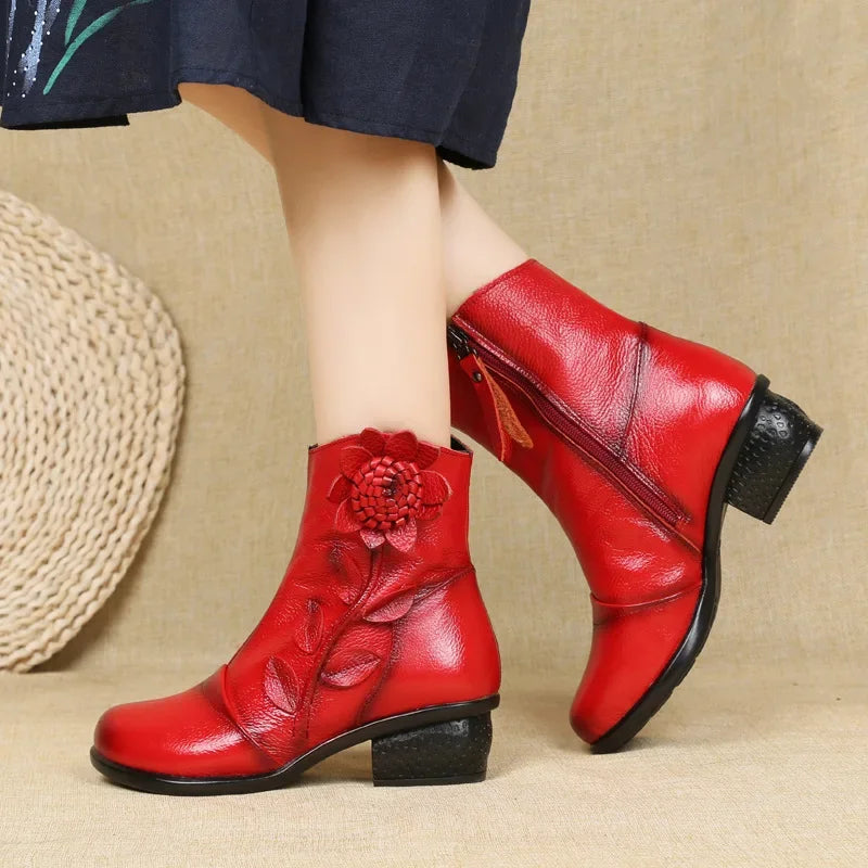 Vintage bloom mid-calf boots with cushioned insole and convenient zipper closure