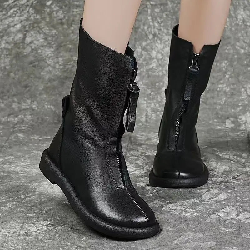 Mid-calf leather boots with soft plush lining and medium heel for winter wear