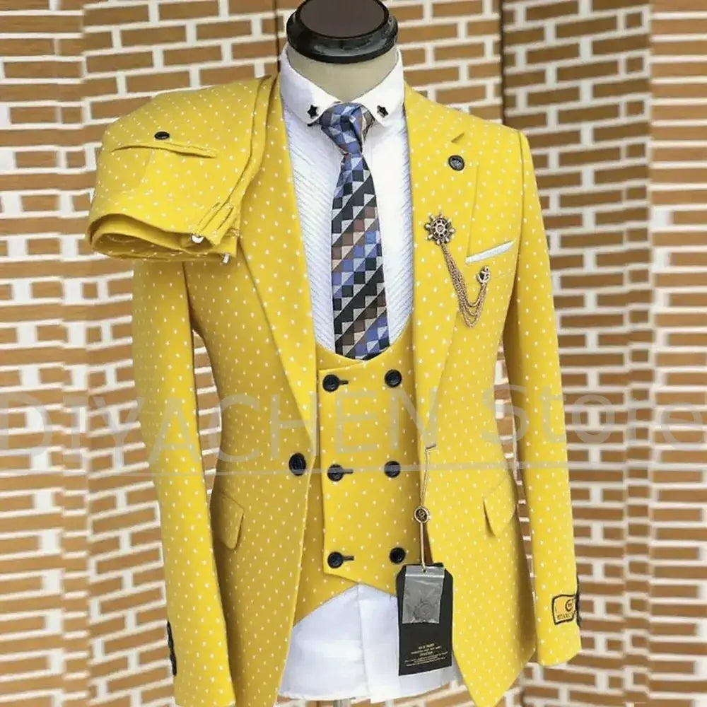 Three-piece suit set including jacket, vest, and pants in navy blue.
