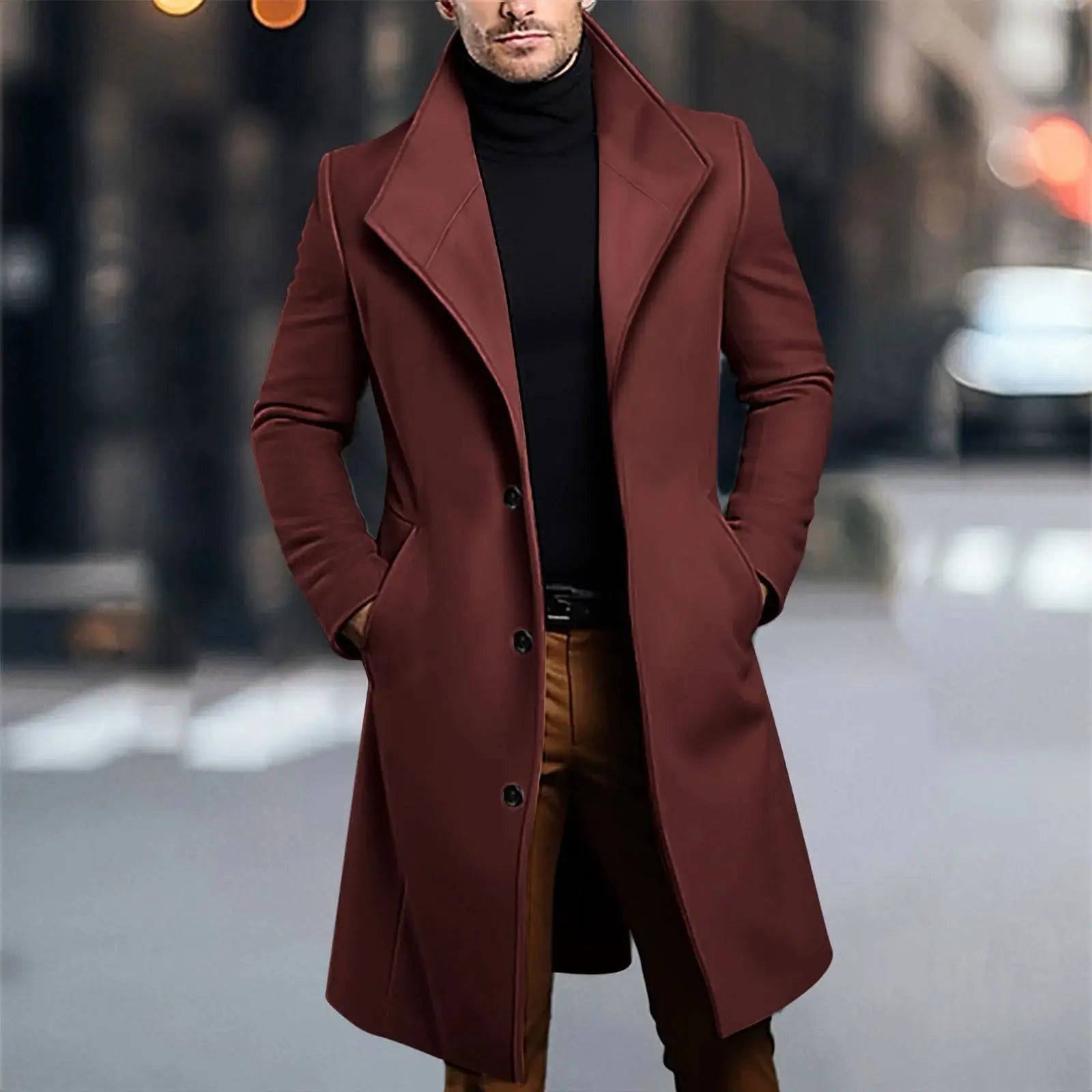 Close-up of the coat's buttons and collar, highlighting its sophisticated design.