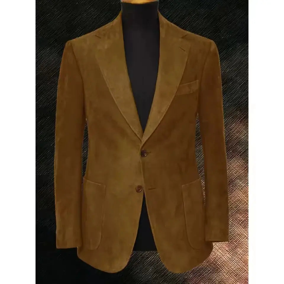 Jacket displayed on a hanger, showcasing its elegant single-breasted design.
