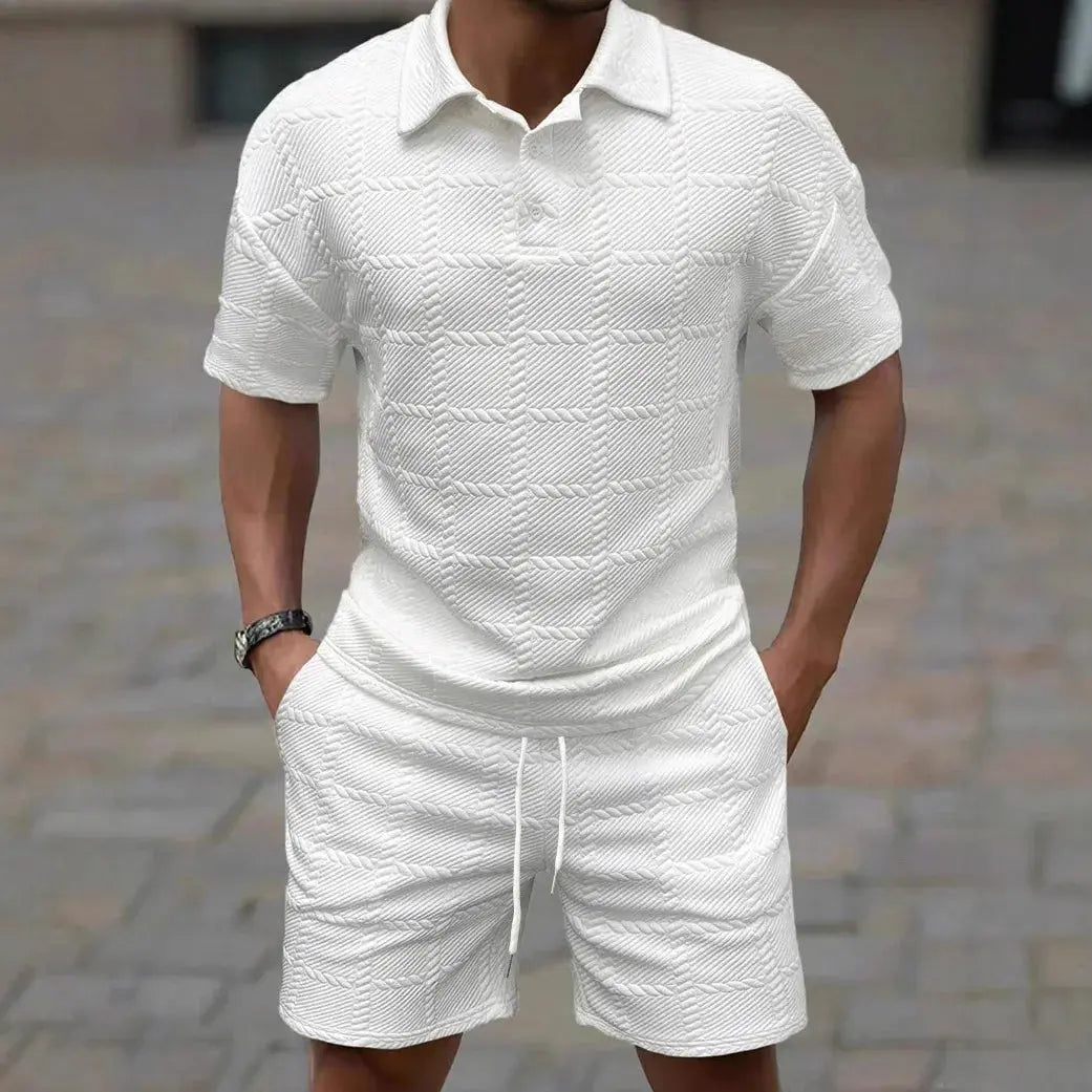 Casual suit with drawstring pants, perfect for all-day wear in warm weather.