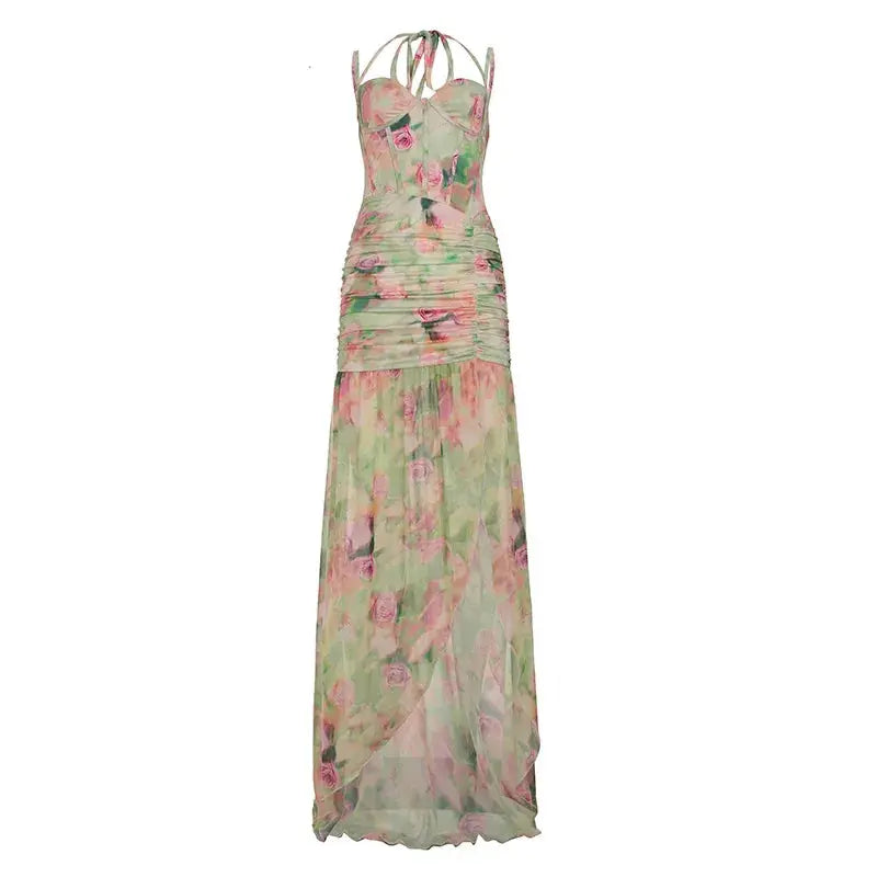 Back view of the Sunset Soirée Mesh Dress, emphasizing its flattering fit and graceful movement.