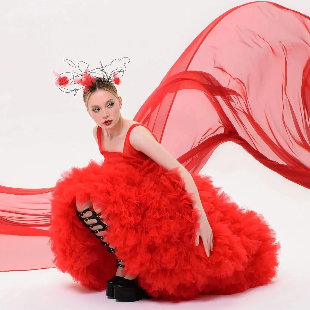 Scarlet layered tulle dress with square neckline, perfect for New Year's gala.